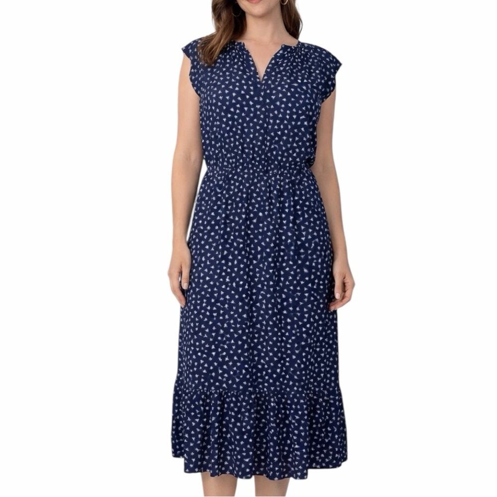 J. Crew Midi Dress Blouson Flutter Sleeve Navy Blue Star Print Women’s Size XLT - Picture 5 of 13